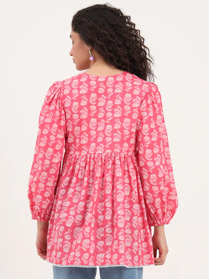 Ultra Red Floral Print Cotton Fabric Regular Peplum Top