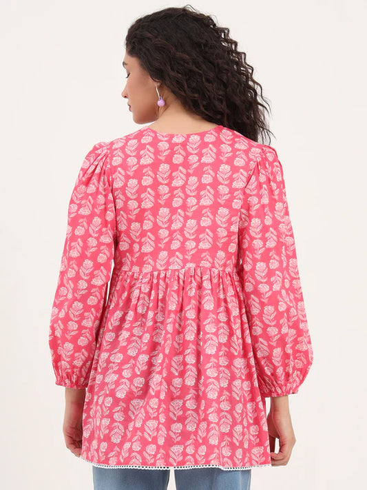 Ultra Red Floral Print Cotton Fabric Regular Peplum Top