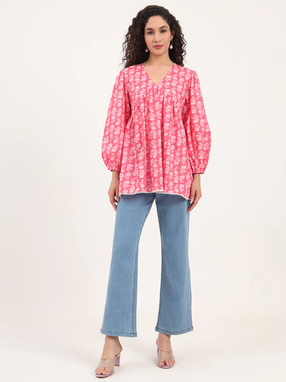 Ultra Red Floral Print Cotton Fabric Regular Peplum Top