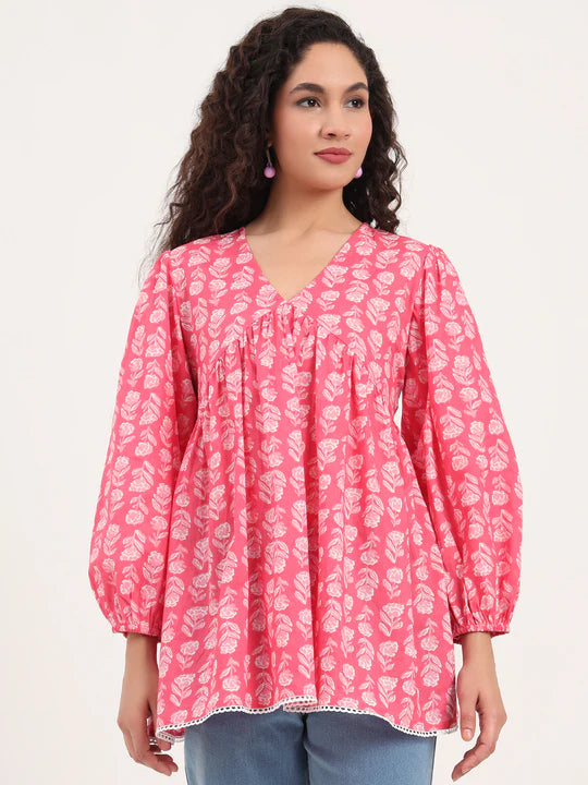 Ultra Red Floral Print Cotton Fabric Regular Peplum Top