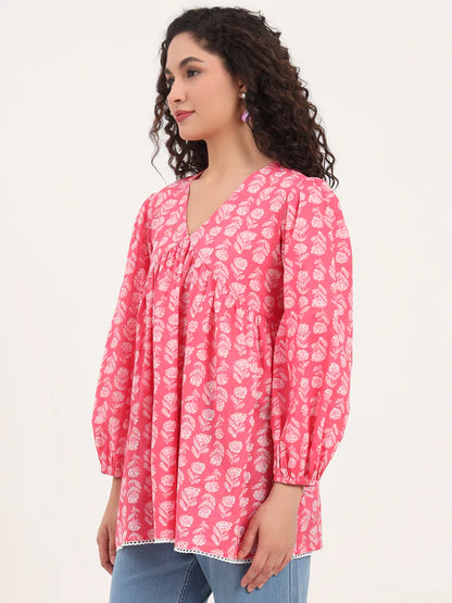 Ultra Red Floral Print Cotton Fabric Regular Peplum Top