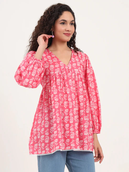 Ultra Red Floral Print Cotton Fabric Regular Peplum Top