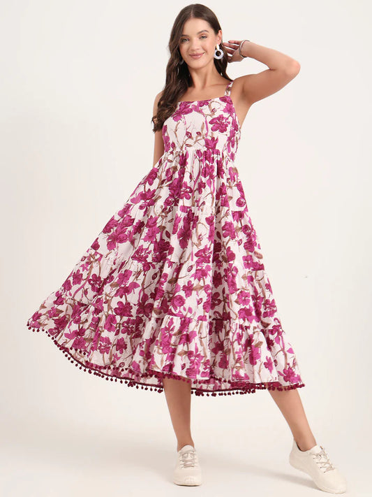 Purple Printed Cotton Shoulder Strap Pompom Dress