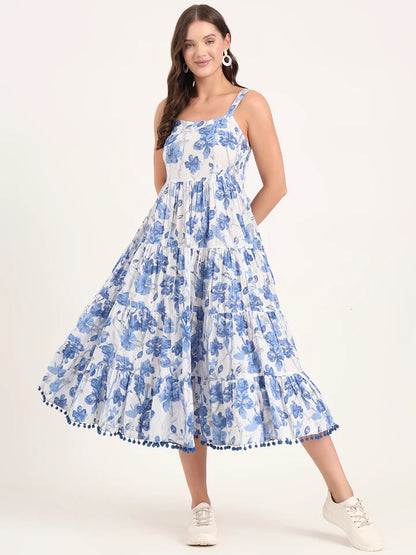 Blue Printed Cotton Shoulder Strap Pompom Dress
