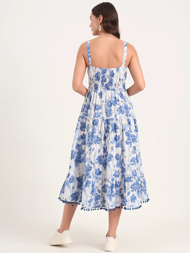 Blue Printed Cotton Shoulder Strap Pompom Dress