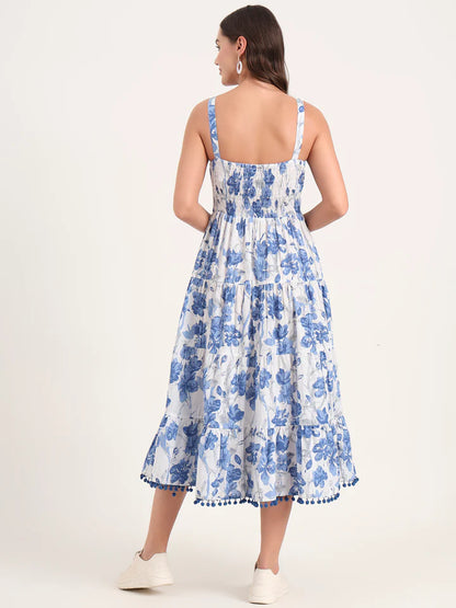 Blue Printed Cotton Shoulder Strap Pompom Dress