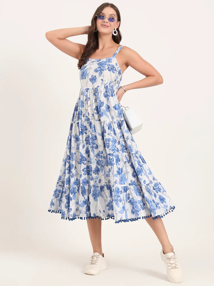 Blue Printed Cotton Shoulder Strap Pompom Dress