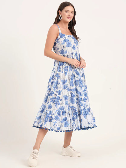 Blue Printed Cotton Shoulder Strap Pompom Dress