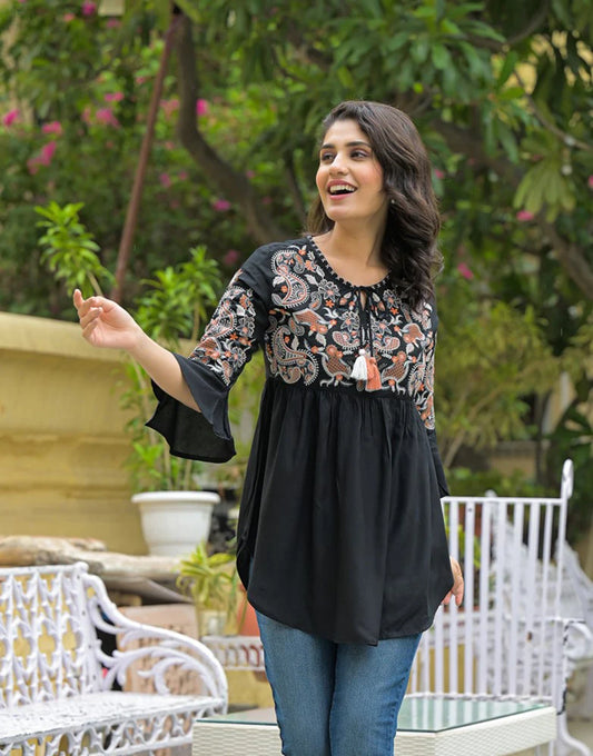 Black Embroidary Rayon Curved Hemline Top