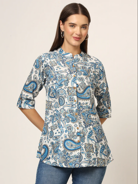 Cutyful White & Blue Printed Rayon Fabric Shirt Style Top